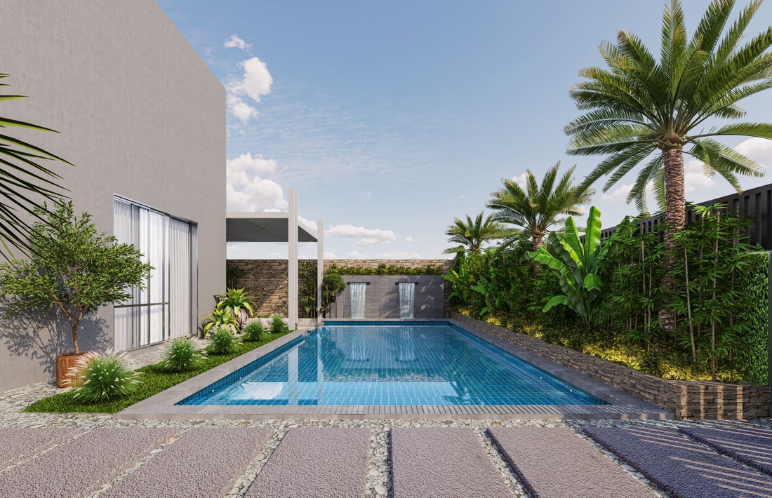 A Dubai villa and pool in full summer sun